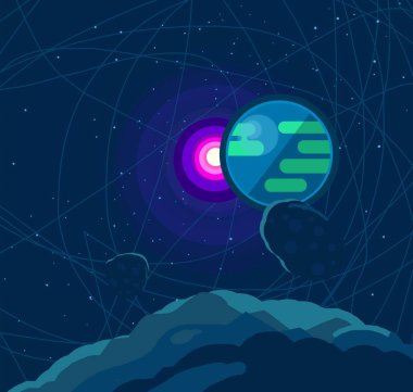 Derin yıldızlararası uzay. Yıldızlar, gezegenler ve uydular. Çeşitli bilim kurgu yaratıcı fon. Uzay sanatı. Hayali kozmik fon.