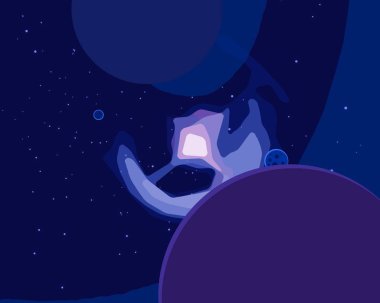 2d illüstrasyon. Karikatür stil boşluk resmi çizin. Derin geniş alan. Yıldızlar, gezegenler ve uydular. Çeşitli bilim kurgu yaratıcı fon. Uzay sanatı. Uzaylı güneş sistemleri. Gezegenler ve Uydular.