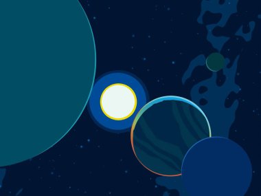 2D çizim. Çizgi film arkaplan resmi. Derin geniş uzay. Yıldızlar, gezegenler ve uydular. Çeşitli bilim kurgu yaratıcı arka planlar. Uzay sanatı. Yabancı güneş sistemleri. Gezegenler ve uydular..