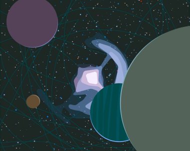 2d illüstrasyon. Karikatür stil boşluk resmi çizin. Derin geniş alan. Yıldızlar, gezegenler ve uydular. Çeşitli bilim kurgu yaratıcı fon. Uzay sanatı. Uzaylı güneş sistemleri. Gezegenler ve Uydular.