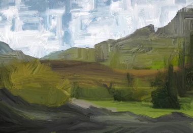 Renkli yeşil kırsal alan ve çim. Yaz zamanı. 2d illüstrasyon. Yağlıboya manzara sanatı. Kırsal dağlık bölge.