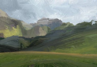 Renkli yeşil kırsal alan ve çim. Yaz zamanı. 2d illüstrasyon. Yağlıboya manzara sanatı. Kırsal dağlık bölge.