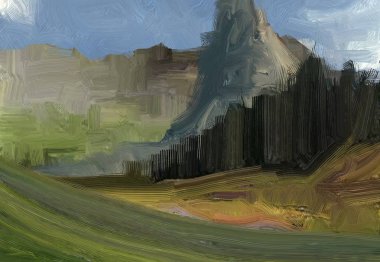 2d illüstrasyon. Yağlıboya manzara sanatı. Kırsal dağlık bölge. Renkli yeşil alan ve çimen. Yaz zamanı. Kırsal.