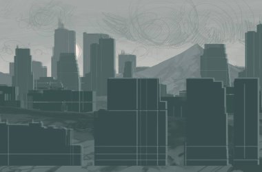 2d illüstrasyon. Gökdelen şehir metropol. Dijital sanat. El yapımı dijital boyama. 