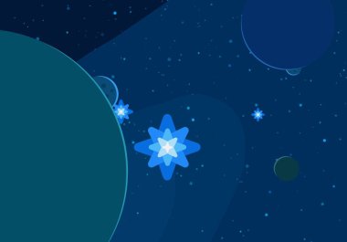 2d illüstrasyon. Karikatür stil boşluk resmi çizin. Derin geniş alan. Yıldızlar, gezegenler ve uydular. Çeşitli bilim kurgu yaratıcı fon. Uzay sanatı. Uzaylı güneş sistemleri. Gezegenler ve Uydular.