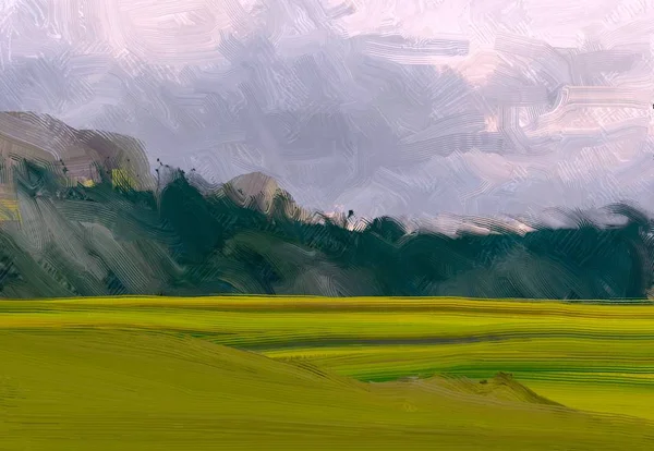 Illustration Peinture Huile Paysage Art Région Montagneuse Rurale Champ Vert — Photo