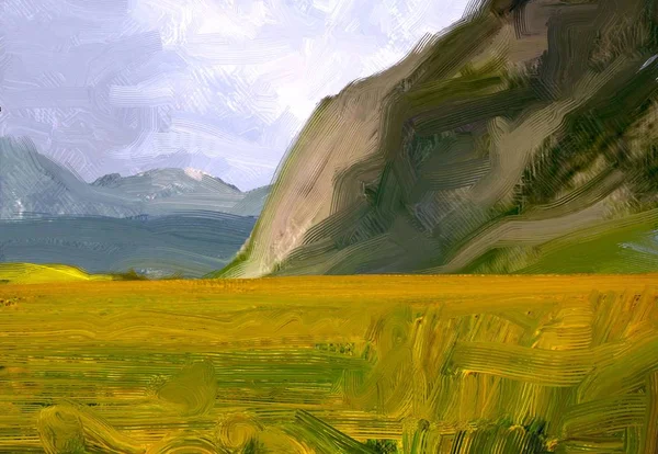 Ilustración Pintura Óleo Arte Paisajístico Región Montañosa Rural Campo Verde — Foto de Stock