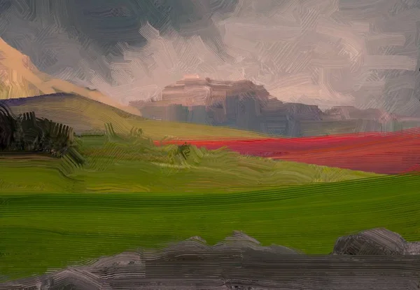 Illustrazione Pittura Olio Arte Paesaggistica Regione Rurale Montagna Campo Verde — Foto Stock