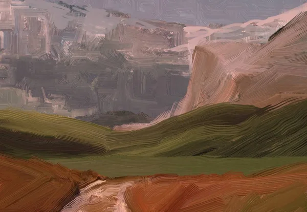 Illustrazione Pittura Olio Arte Paesaggistica Regione Rurale Montagna Campo Verde — Foto Stock