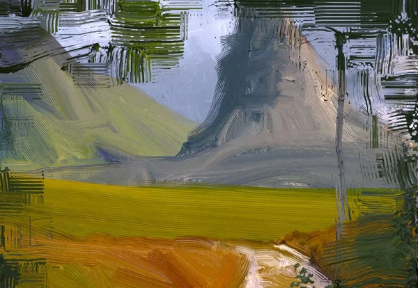 Illustrazione Pittura Olio Arte Paesaggistica Regione Rurale Montagna Campo Verde — Foto Stock