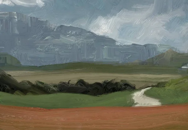 Colorato Campo Campagna Verde Erba Ora Legale Illustrazione Pittura Olio — Foto Stock