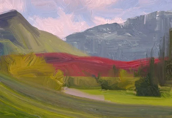 Illustration Oil Painting Landscape Art Rural Mountain Region Colorful Green — Stock Photo, Image