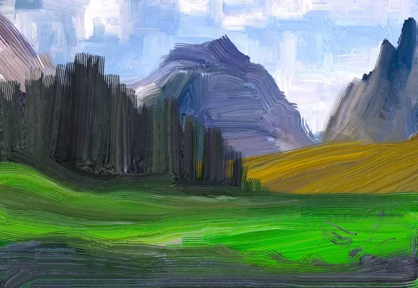 Illustration Oil Painting Landscape Art Rural Mountain Region Colorful Green — Stock Photo, Image