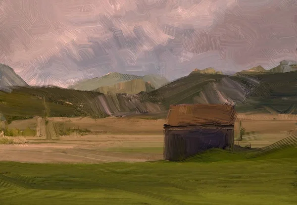 Ilustração Pintura Óleo Arte Paisagem Região Montanhosa Rural Campo Verde — Fotografia de Stock