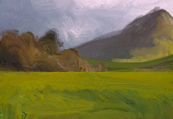 Illustrazione Pittura Olio Arte Paesaggistica Regione Rurale Montagna Campo Verde — Foto Stock