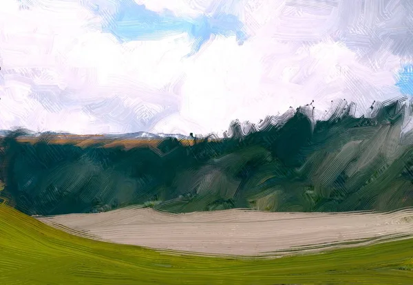 Illustrazione Pittura Olio Arte Paesaggistica Regione Rurale Montagna Campo Verde — Foto Stock