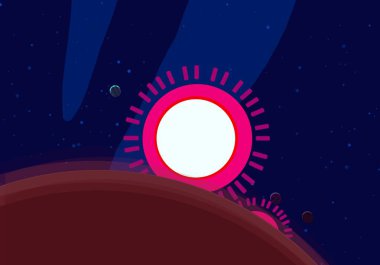 2d illüstrasyon. Karikatür stil boşluk resmi çizin. Derin geniş alan. Yıldızlar, gezegenler ve uydular. Çeşitli bilim kurgu yaratıcı fon. Uzay sanatı. Uzaylı güneş sistemleri. Gezegenler ve Uydular.