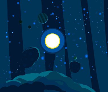 2d illüstrasyon. Karikatür stil boşluk resmi çizin. Derin geniş alan. Yıldızlar, gezegenler ve uydular. Çeşitli bilim kurgu yaratıcı fon. Uzay sanatı. Uzaylı güneş sistemleri. Gezegenler ve Uydular.