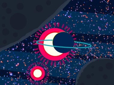 2d illüstrasyon. Karikatür stil boşluk resmi çizin. Derin geniş alan. Yıldızlar, gezegenler ve uydular. Çeşitli bilim kurgu yaratıcı fon. Uzay sanatı. Uzaylı güneş sistemleri. Gezegenler ve Uydular.