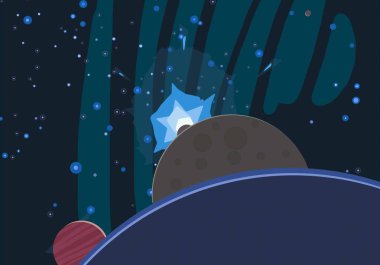 2d illüstrasyon. Karikatür arka plan resmi. Derin yıldızlararası uzay. Yıldızlar, gezegenler ve uydular. Çeşitli bilim kurgu yaratıcı fon. Çocuklar için uzay sanatı illüstrasyon. Gezegenler ve Uydular.