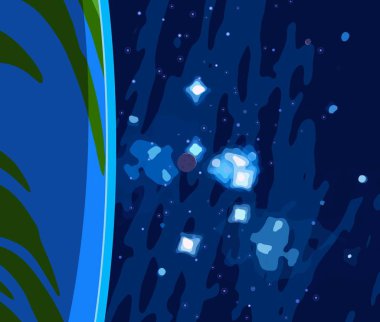 2d illüstrasyon. Karikatür stil boşluk resmi çizin. Derin geniş alan. Yıldızlar, gezegenler ve uydular. Çeşitli bilim kurgu yaratıcı fon. Uzay sanatı. Uzaylı güneş sistemleri. Gezegenler ve Uydular.