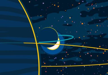 2d illüstrasyon. Karikatür stil boşluk resmi çizin. Derin geniş alan. Yıldızlar, gezegenler ve uydular. Çeşitli bilim kurgu yaratıcı fon. Uzay sanatı. Uzaylı güneş sistemleri. Gezegenler ve Uydular.