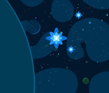 2d illüstrasyon. Karikatür çizmek tarzı. Derin yıldızlararası uzay. Yıldızlar, gezegenler ve uydular. Çeşitli bilim kurgu yaratıcı fon. Uzay sanatı. Hayali kozmik arka plan. Gezegenler ve Uydular.