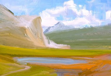 2d illüstrasyon. Yağlıboya manzara sanatı. Kırsal dağlık bölge. Renkli yeşil alan ve çimen. Yaz zamanı. Kırsal.