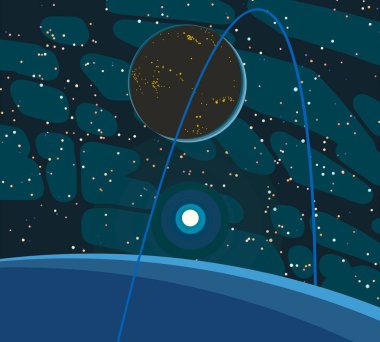 2d illüstrasyon. Karikatür stil boşluk resmi çizin. Derin geniş alan. Yıldızlar, gezegenler ve uydular. Çeşitli bilim kurgu yaratıcı fon. Uzay sanatı. Uzaylı güneş sistemleri. Gezegenler ve Uydular.