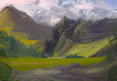 2d illüstrasyon. Yağlıboya manzara sanatı. Kırsal dağlık bölge. Renkli yeşil alan ve çimen. Yaz zamanı. Kırsal.