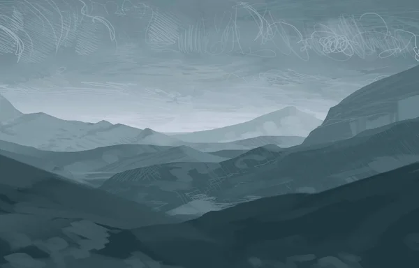 2d illustration. Mountains Scotland. Digital painting art. Hand made drawing.