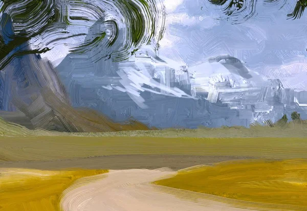 Illustration Oljemålning Landskapskonst Landsbygdens Bergsregion Färgglada Gröna Fält Och Gräs — Stockfoto