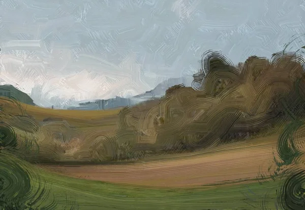 Färgglada Gröna Landsbygds Fält Och Gräs Sommartid Illustration Oljemålning Landskapskonst — Stockfoto