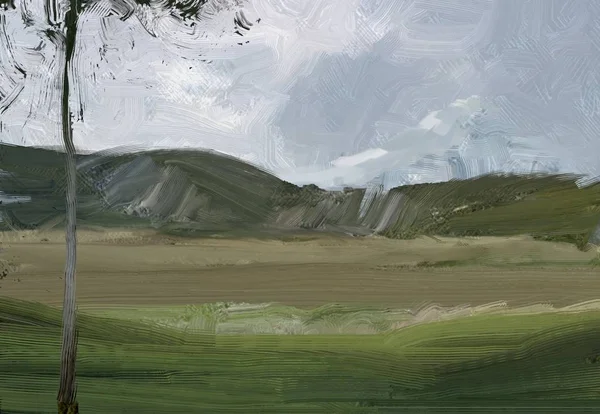 Illustration Peinture Huile Paysage Art Région Montagneuse Rurale Champ Campagne — Photo