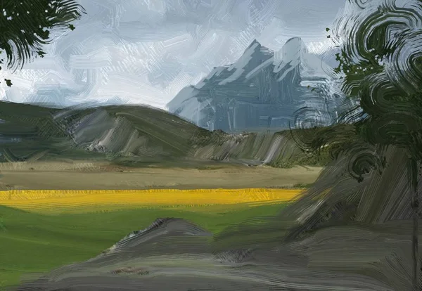 Färgglada Gröna Landsbygds Fält Och Gräs Sommartid Illustration Oljemålning Landskapskonst — Stockfoto