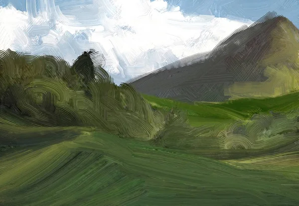 Campo Rural Verde Colorido Grama Hora Verão Ilustração Pintura Óleo — Fotografia de Stock