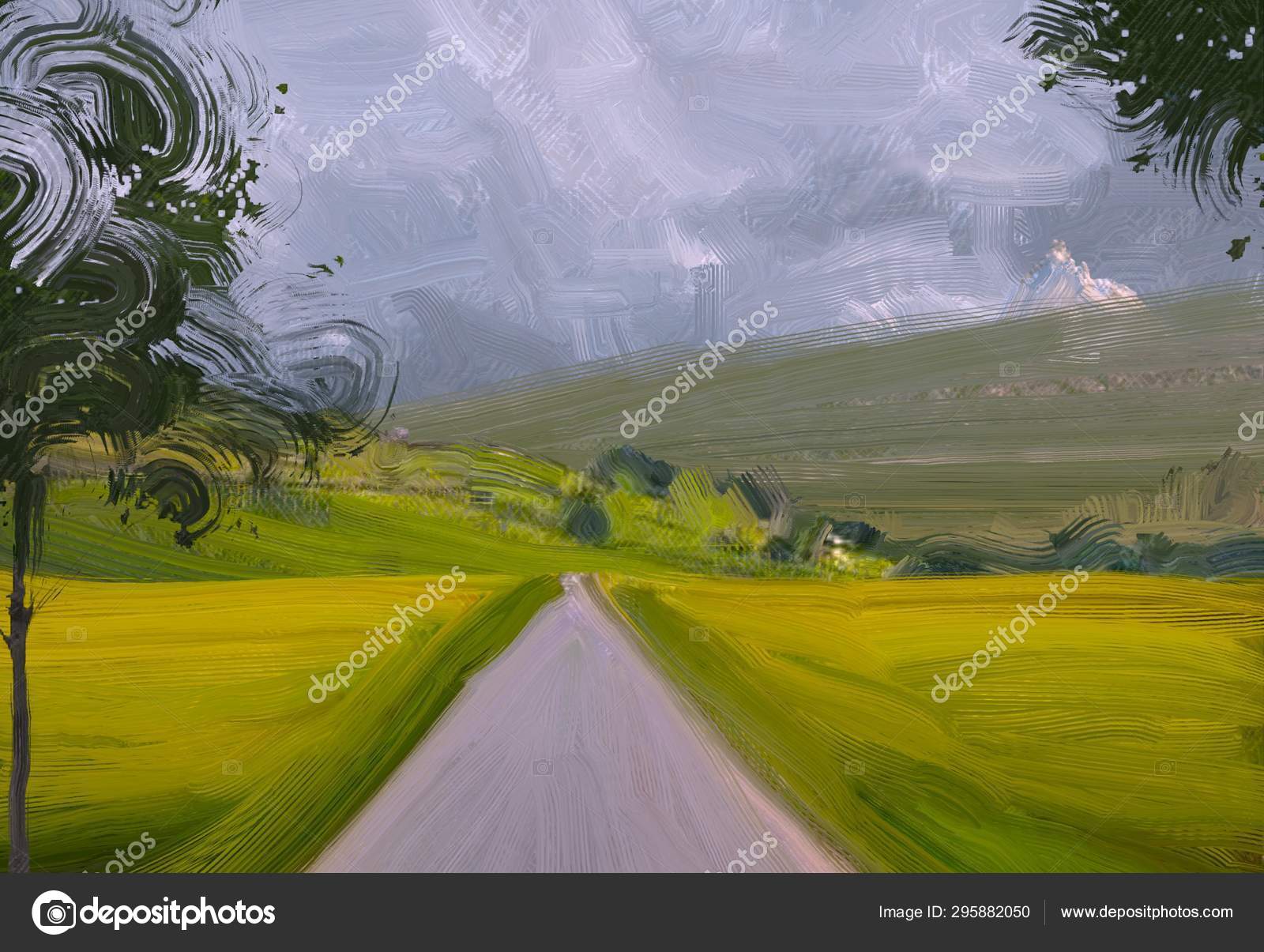 Illustration Oil Painting Landscape Art Rural Mountain Region Colorful Green Stock Photo Image By C Nordenworks Gmail Com 295882050