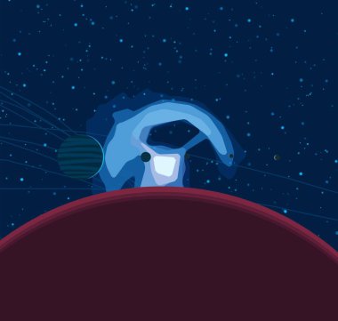 2d illüstrasyon. Karikatür stil boşluk resmi çizin. Derin geniş alan. Yıldızlar, gezegenler ve uydular. Çeşitli bilim kurgu yaratıcı fon. Uzay sanatı. Uzaylı güneş sistemleri. Gezegenler ve Uydular.