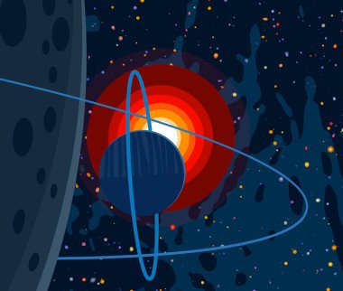 2d illüstrasyon. Karikatür stil boşluk resmi çizin. Derin geniş alan. Yıldızlar, gezegenler ve uydular. Çeşitli bilim kurgu yaratıcı fon. Uzay sanatı. Uzaylı güneş sistemleri. Gezegenler ve Uydular.