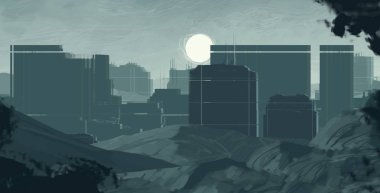 2d illüstrasyon. Gökdelen şehir metropol. Dijital sanat. El yapımı dijital boyama.