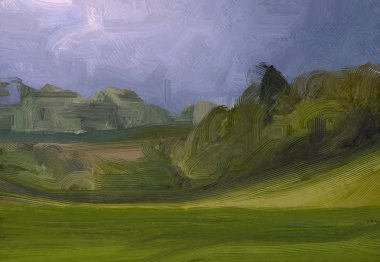 2d illüstrasyon. Yağlıboya manzara sanatı. Kırsal dağlık bölge. Renkli yeşil alan ve çimen. Yaz zamanı. Kırsal.