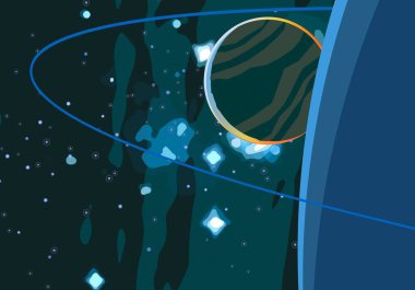 2d illüstrasyon. Karikatür stil boşluk resmi çizin. Derin geniş alan. Yıldızlar, gezegenler ve uydular. Çeşitli bilim kurgu yaratıcı fon. Uzay sanatı. Uzaylı güneş sistemleri. Gezegenler ve Uydular.