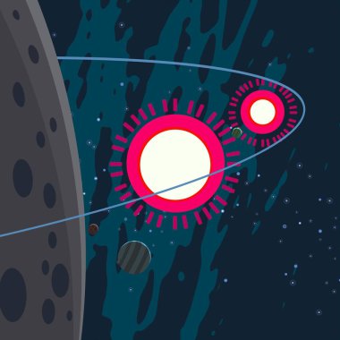 2d illüstrasyon. Karikatür stil boşluk resmi çizin. Derin geniş alan. Yıldızlar, gezegenler ve uydular. Çeşitli bilim kurgu yaratıcı fon. Uzay sanatı. Uzaylı güneş sistemleri. Gezegenler ve Uydular.