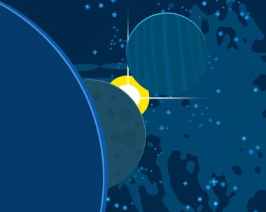 2d illüstrasyon. Karikatür çizmek tarzı. Derin yıldızlararası uzay. Yıldızlar, gezegenler ve uydular. Çeşitli bilim kurgu yaratıcı fon. Uzay sanatı. Hayali kozmik arka plan. Gezegenler ve Uydular.