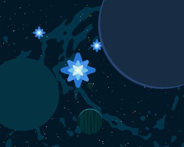 2d illüstrasyon. Karikatür stil boşluk resmi çizin. Derin geniş alan. Yıldızlar, gezegenler ve uydular. Çeşitli bilim kurgu yaratıcı fon. Uzay sanatı. Uzaylı güneş sistemleri. Gezegenler ve Uydular.