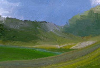 2d illüstrasyon. Yağlıboya manzara sanatı. Kırsal dağlık bölge. Renkli yeşil alan ve çimen. Yaz zamanı. Kırsal.