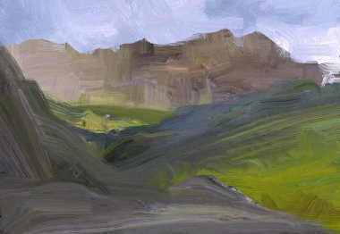 2d illüstrasyon. Yağlıboya manzara sanatı. Kırsal dağlık bölge. Renkli yeşil alan ve çimen. Yaz zamanı. Kırsal.