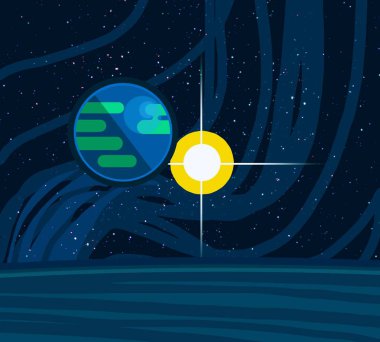 2d illüstrasyon. Karikatür stil boşluk resmi çizin. Derin geniş alan. Yıldızlar, gezegenler ve uydular. Çeşitli bilim kurgu yaratıcı fon. Uzay sanatı. Uzaylı güneş sistemleri. Gezegenler ve Uydular.