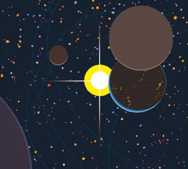 2d illüstrasyon. Karikatür stil boşluk resmi çizin. Derin geniş alan. Yıldızlar, gezegenler ve uydular. Çeşitli bilim kurgu yaratıcı fon. Uzay sanatı. Uzaylı güneş sistemleri. Gezegenler ve Uydular.