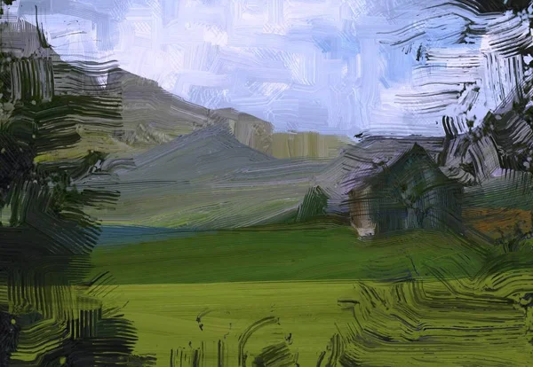 Ilustração Pintura Óleo Arte Paisagem Região Montanhosa Rural Campo Verde — Fotografia de Stock